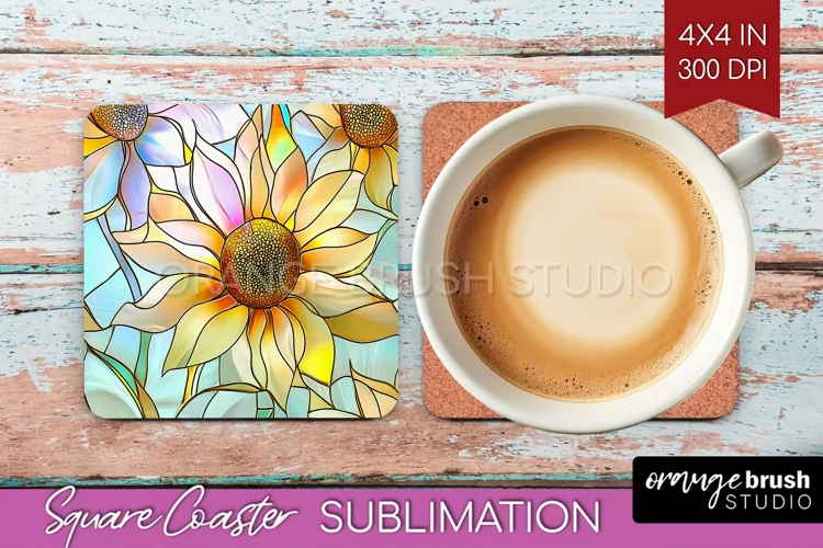 Stained Glass Flowers Square Coaster - Floral Coaster PNG