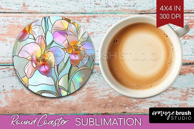 Stained Glass Flowers Round Coaster - Floral Coaster PNG