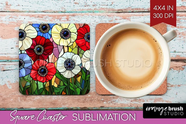 Stained Glass Flowers Square Coaster - Floral Coaster PNG