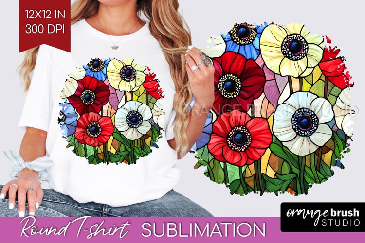 Stained Glass Flowers Round Tshirt Background - Floral PNG