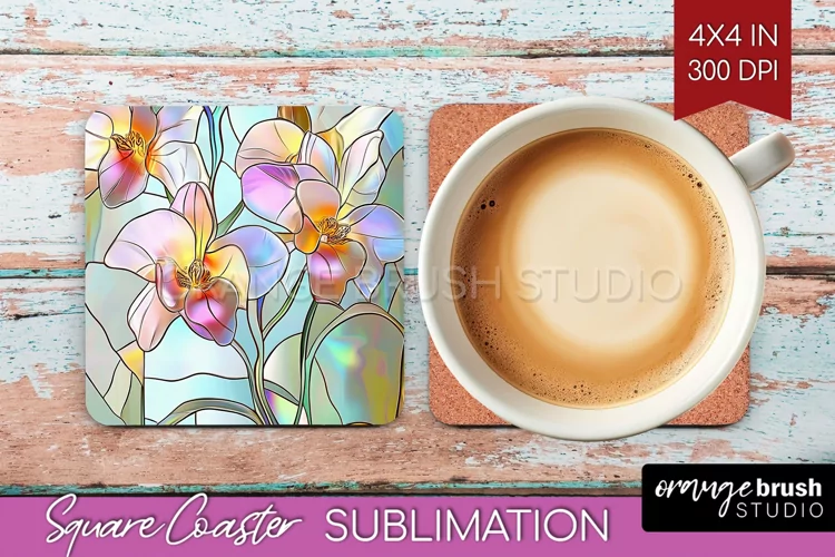 Stained Glass Flowers Square Coaster - Floral Coaster PNG