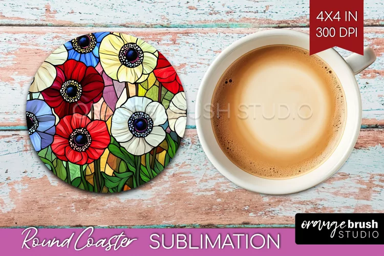 Stained Glass Flowers Round Coaster - Floral Coaster PNG