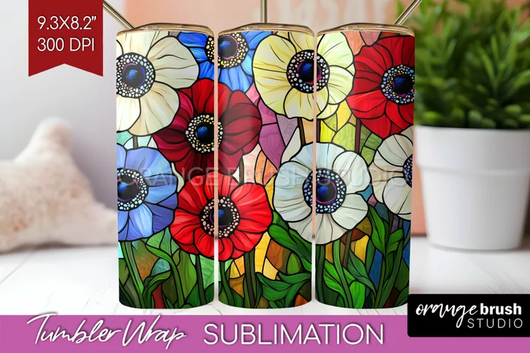 Stained Glass Flowers Tumbler Wrap - Floral Tumbler PNG