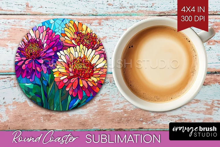 Stained Glass Flowers Round Coaster - Floral Coaster PNG