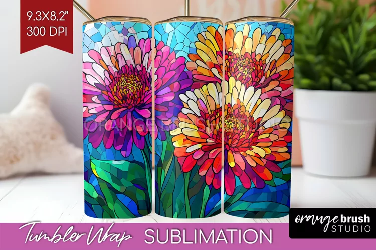 Stained Glass Flowers Tumbler Wrap - Floral Tumbler PNG