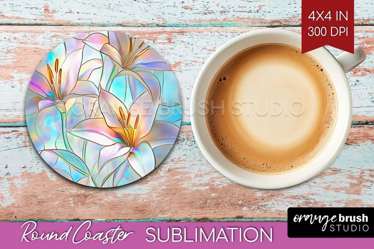 Stained Glass Flowers Round Coaster - Floral Coaster PNG