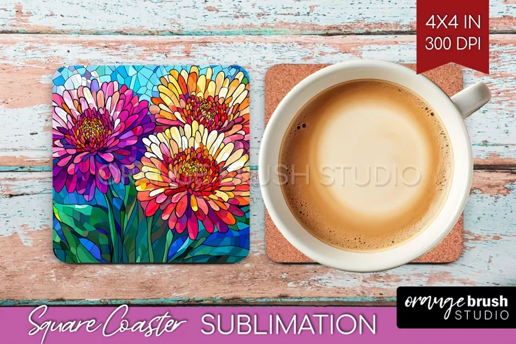 Stained Glass Flowers Square Coaster - Floral Coaster PNG