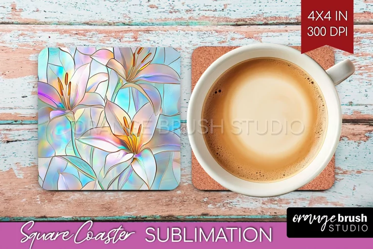Stained Glass Flowers Square Coaster - Floral Coaster PNG