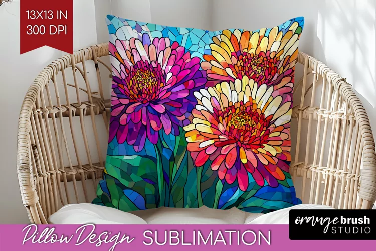 Stained Glass Flowers Pillow Sublimation - Floral Pillow PNG