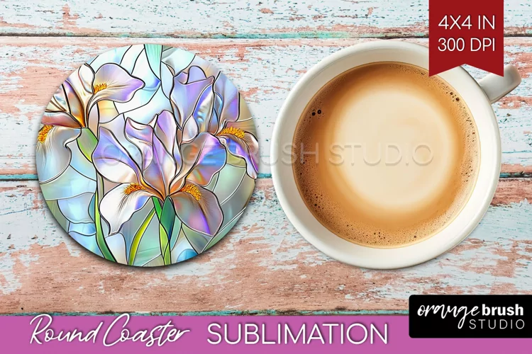 Stained Glass Flowers Round Coaster - Floral Coaster PNG