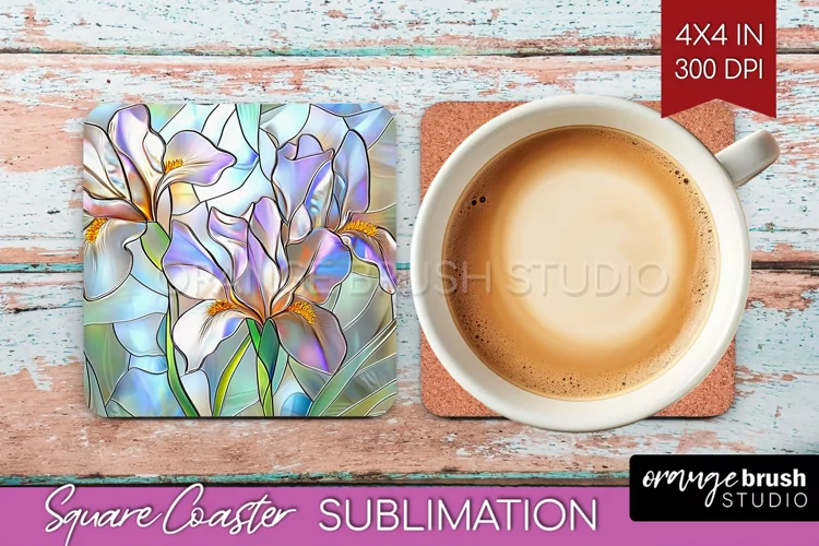 Stained Glass Flowers Square Coaster - Floral Coaster PNG