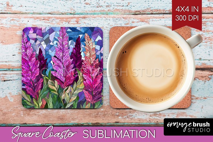 Stained Glass Flowers Square Coaster - Floral Coaster PNG example image 1