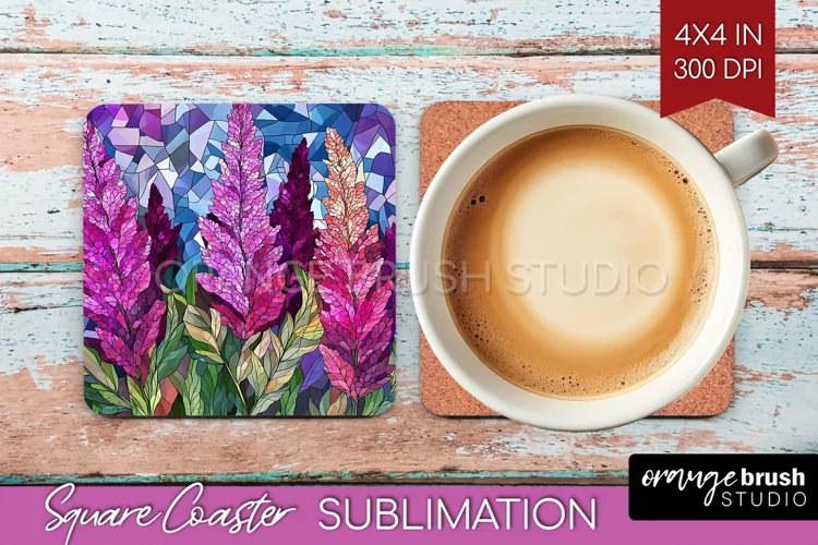 Stained Glass Flowers Square Coaster - Floral Coaster PNG