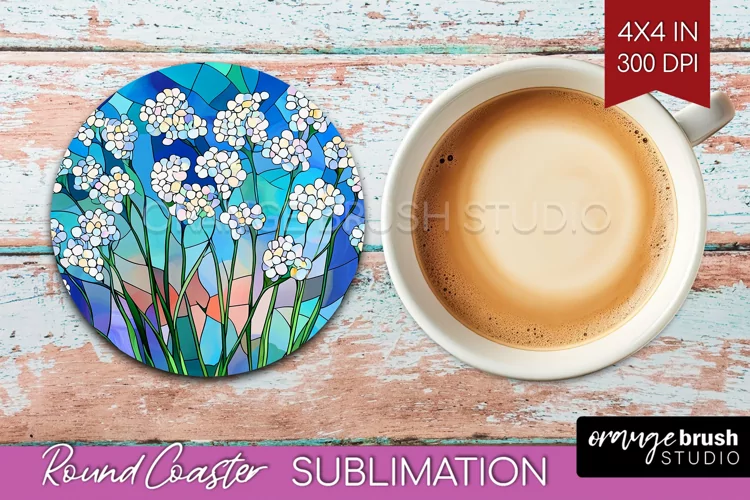Stained Glass Flowers Round Coaster - Floral Coaster PNG