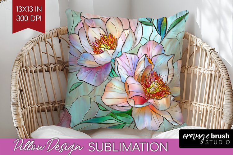 Stained Glass Flowers Pillow Sublimation - Floral Pillow PNG example image 1