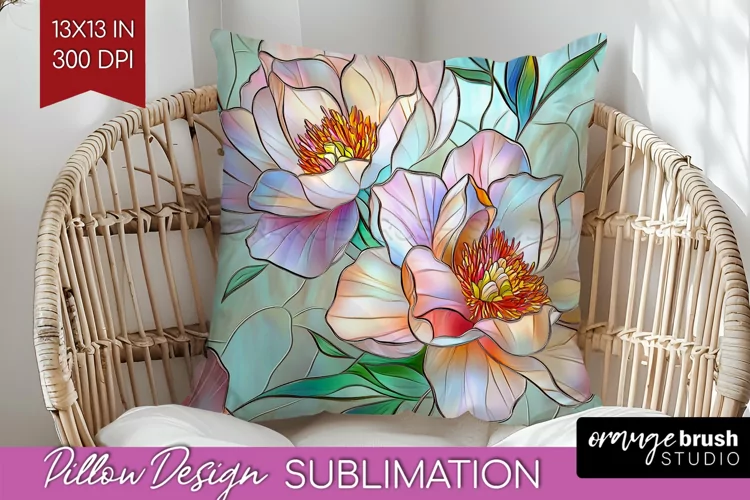 Stained Glass Flowers Pillow Sublimation - Floral Pillow PNG