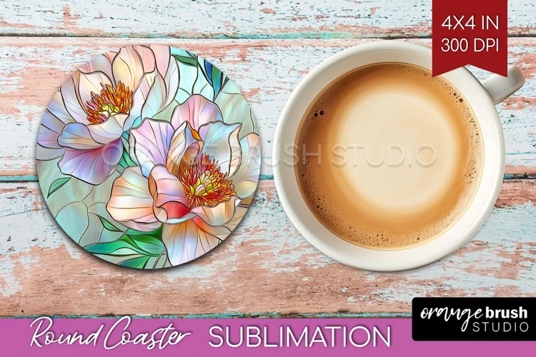 Stained Glass Flowers Round Coaster - Floral Coaster PNG