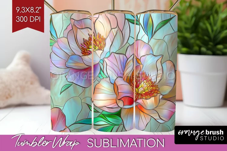 Stained Glass Flowers Tumbler Wrap - Floral Tumbler PNG