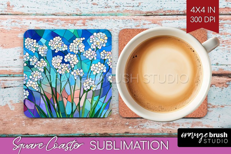 Stained Glass Flowers Square Coaster - Floral Coaster PNG example image 1