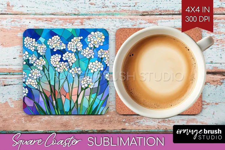 Stained Glass Flowers Square Coaster - Floral Coaster PNG