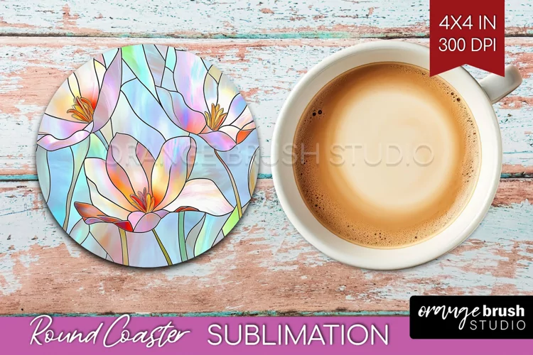 Stained Glass Flowers Round Coaster - Floral Coaster PNG
