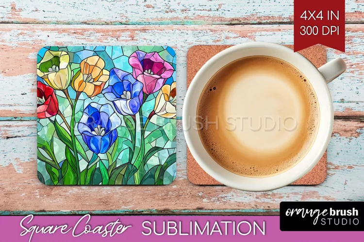 Stained Glass Flowers Square Coaster - Floral Coaster PNG