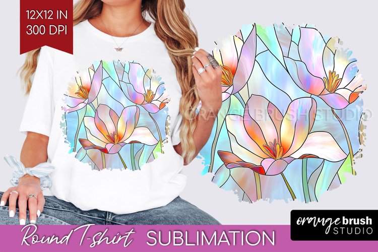 Stained Glass Flowers Round Tshirt Background - Floral PNG