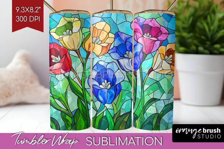 Stained Glass Flowers Tumbler Wrap - Floral Tumbler PNG