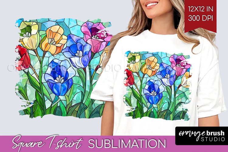 Stained Glass Flowers Square Tshirt Background - Floral PNG