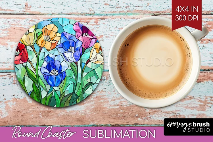 Stained Glass Flowers Round Coaster - Floral Coaster PNG