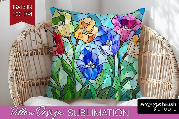 Stained Glass Flowers Pillow Sublimation - Floral Pillow PNG example image 1