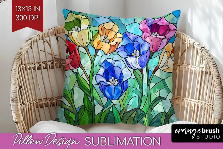 Stained Glass Flowers Pillow Sublimation - Floral Pillow PNG