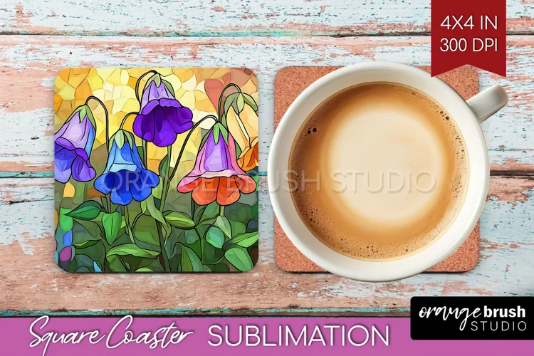Stained Glass Flowers Square Coaster - Floral Coaster PNG