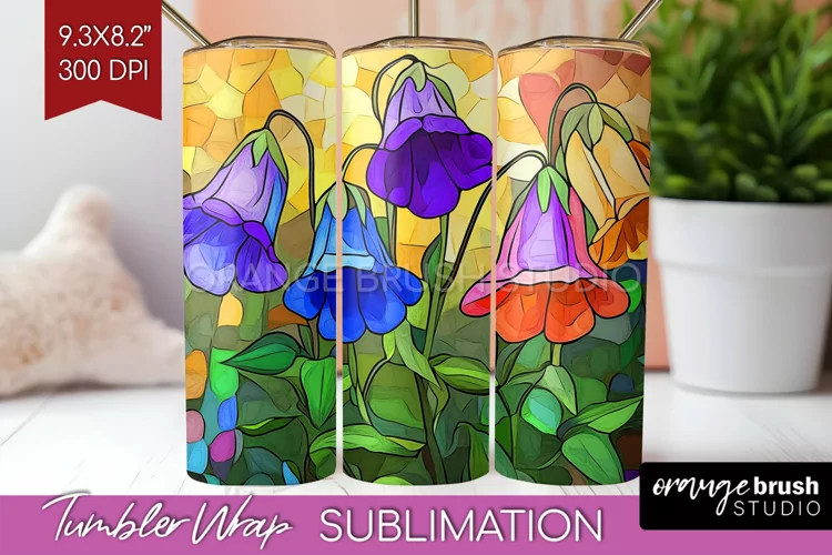 Stained Glass Flowers Tumbler Wrap - Floral Tumbler PNG