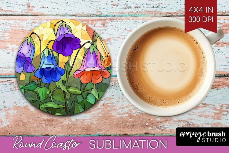 Stained Glass Flowers Round Coaster - Floral Coaster PNG