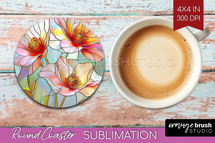 Stained Glass Flowers Round Coaster - Floral Coaster PNG