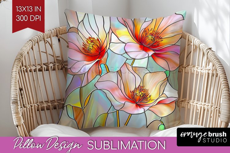 Stained Glass Flowers Pillow Sublimation - Floral Pillow PNG example image 1