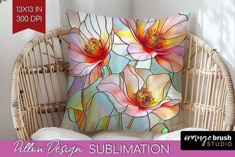 Stained Glass Flowers Pillow Sublimation - Floral Pillow PNG
