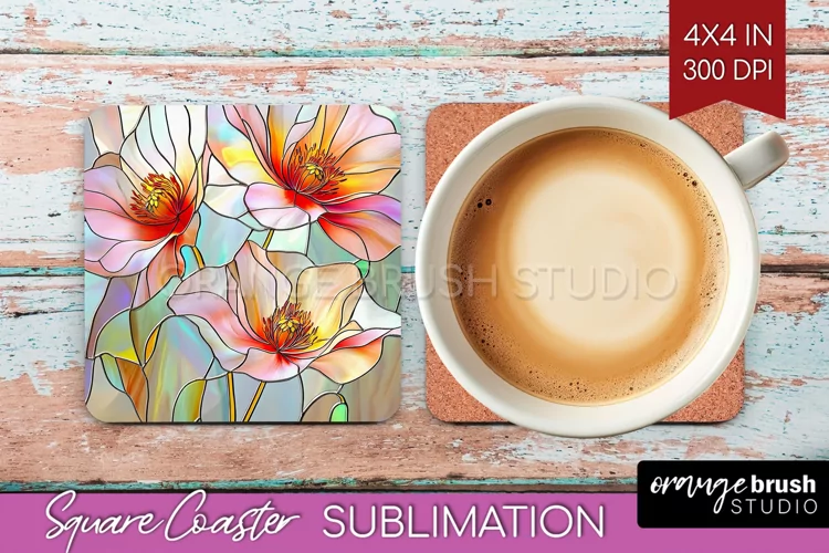 Stained Glass Flowers Square Coaster - Floral Coaster PNG
