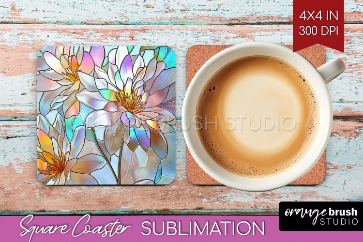 Stained Glass Flowers Square Coaster - Floral Coaster PNG
