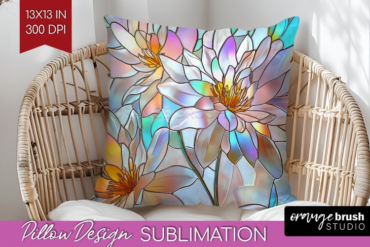 Stained Glass Flowers Pillow Sublimation - Floral Pillow PNG example image 1