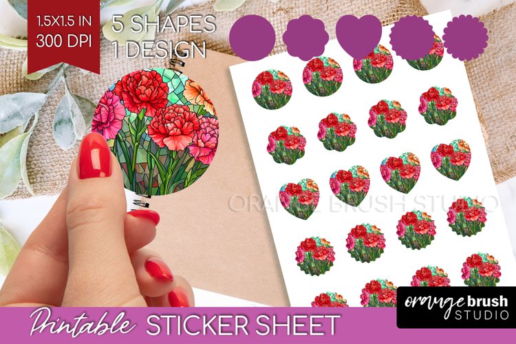 Stained Glass Flowers Round Sticker - Floral Printable Sheet