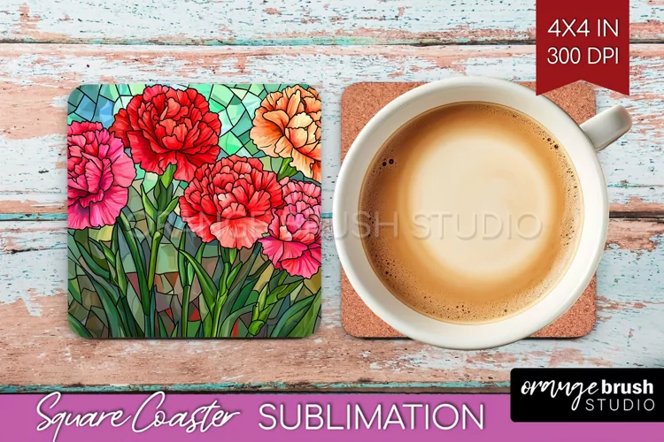 Stained Glass Flowers Square Coaster - Floral Coaster PNG