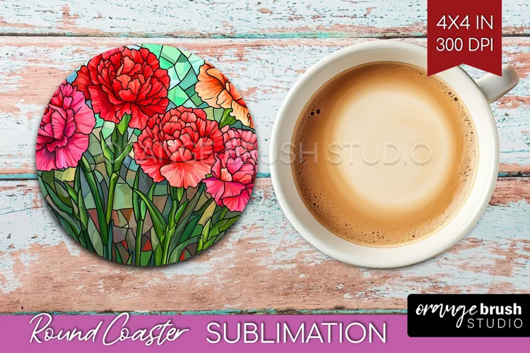 Stained Glass Flowers Round Coaster - Floral Coaster PNG