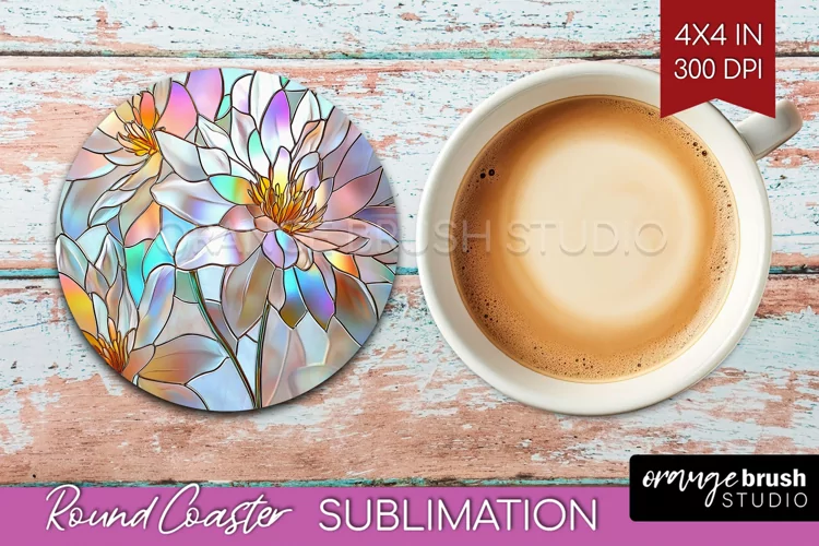 Stained Glass Flowers Round Coaster - Floral Coaster PNG