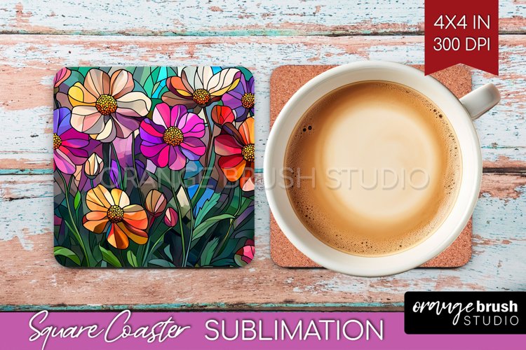 Stained Glass Flowers Square Coaster - Floral Coaster PNG example image 1