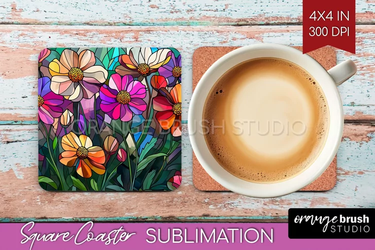 Stained Glass Flowers Square Coaster - Floral Coaster PNG