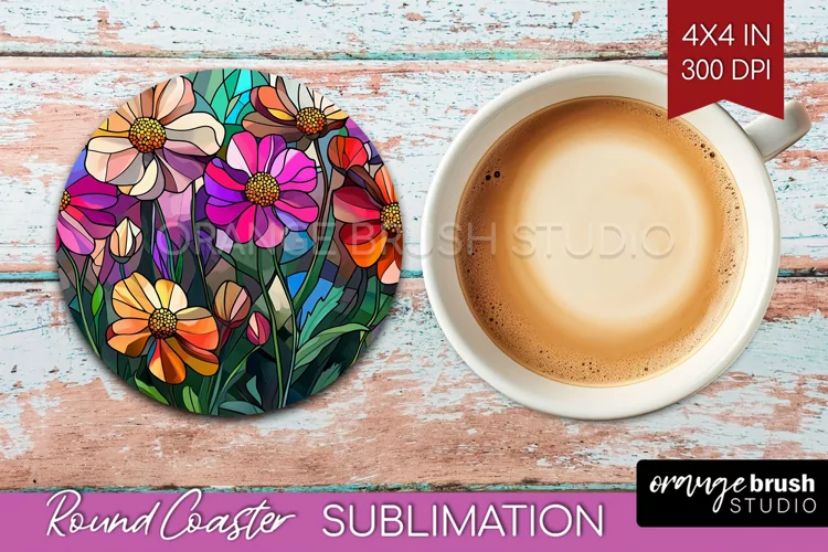 Stained Glass Flowers Round Coaster - Floral Coaster PNG