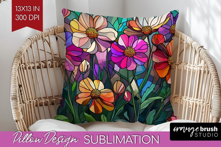 Stained Glass Flowers Pillow Sublimation - Floral Pillow PNG example image 1
