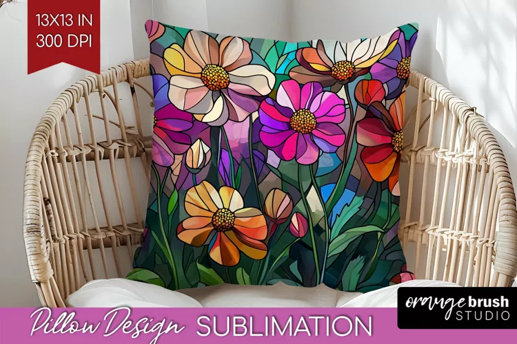 Stained Glass Flowers Pillow Sublimation - Floral Pillow PNG